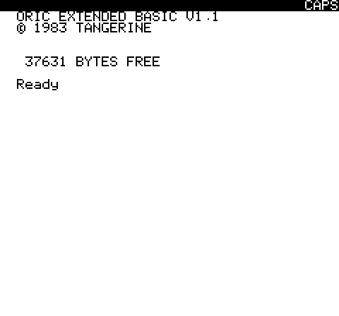 Atmos start-up: ORIC EXTENDED BASIC V1.1, 37631 BYTES FREE, Ready, and the CAPS indicator at the top right