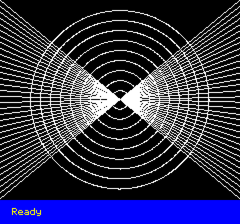 HIRES screen: a fan of white lines crossing in the centre, and nine concentric circles, on black; at the bottom, a blue band with Ready