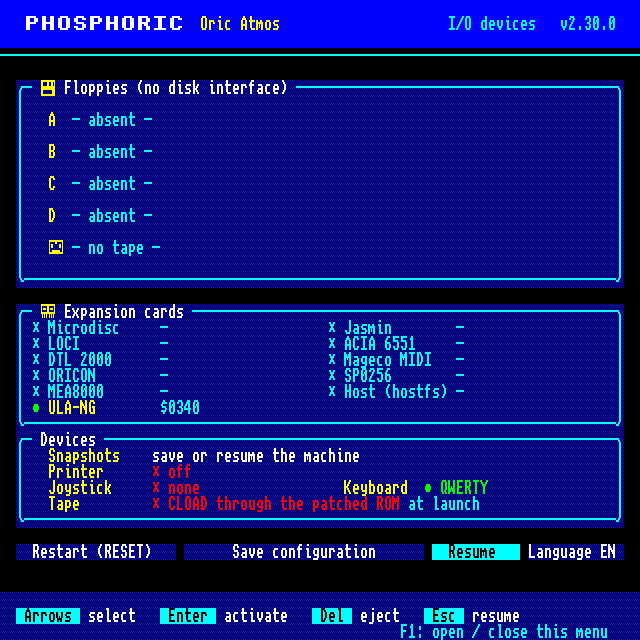 Phosphoric's I/O devices menu in English: floppies, tape, expansion cards, devices and four buttons