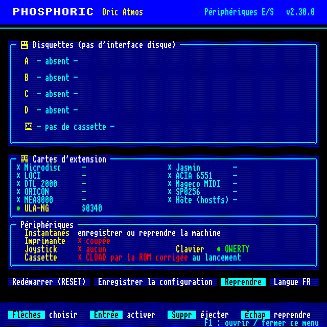 The same menu in French: Périphériques E/S, Disquettes, Cartes d'extension, Périphériques, Langue FR
