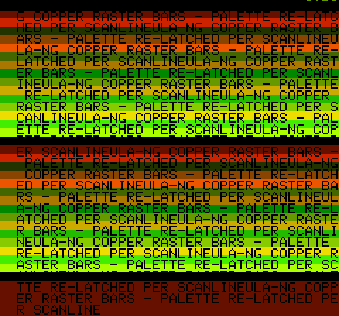 Repeated text over coloured horizontal bars, red, orange, green, in a gradient