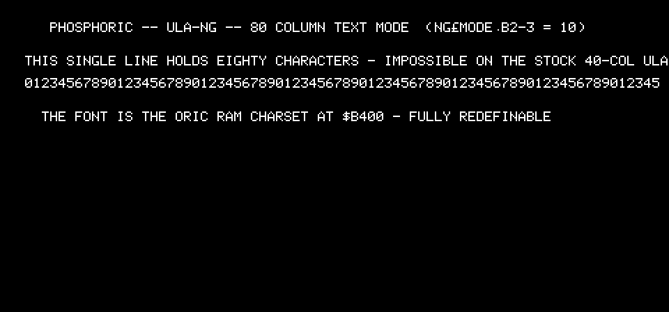 White text on black in 80 columns: PHOSPHORIC -- ULA-NG -- 80 COLUMN TEXT MODE, and a line of digits 0 to 9 repeated